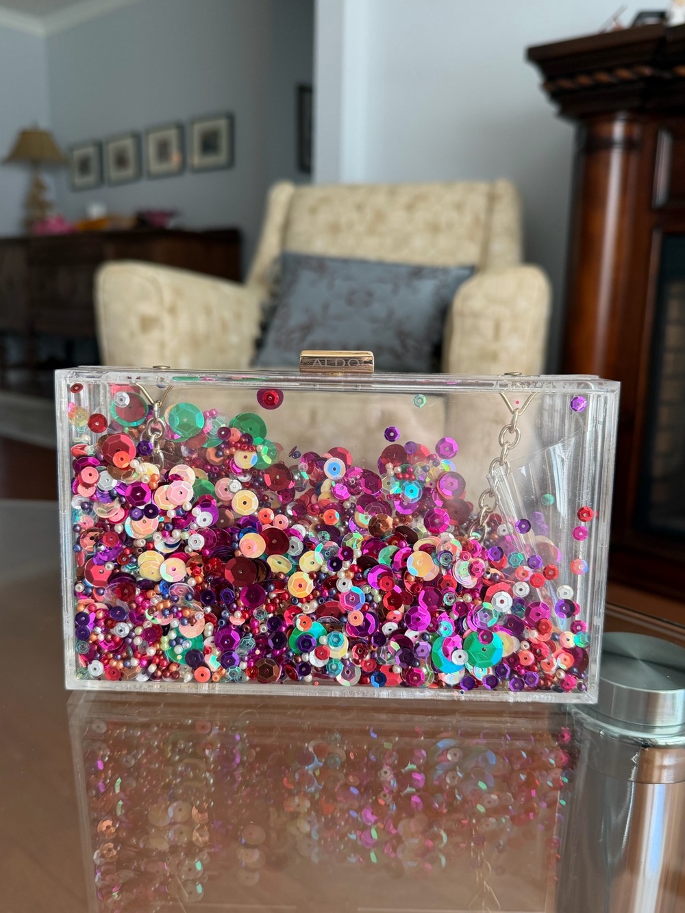 Aldo Clear Acrylic Sequin Box Clutch